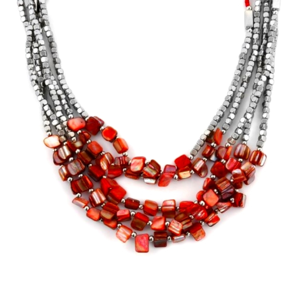 Red Silver Beaded Shell Multi Strand Necklace 3 PC Set - Picture 3 of 6